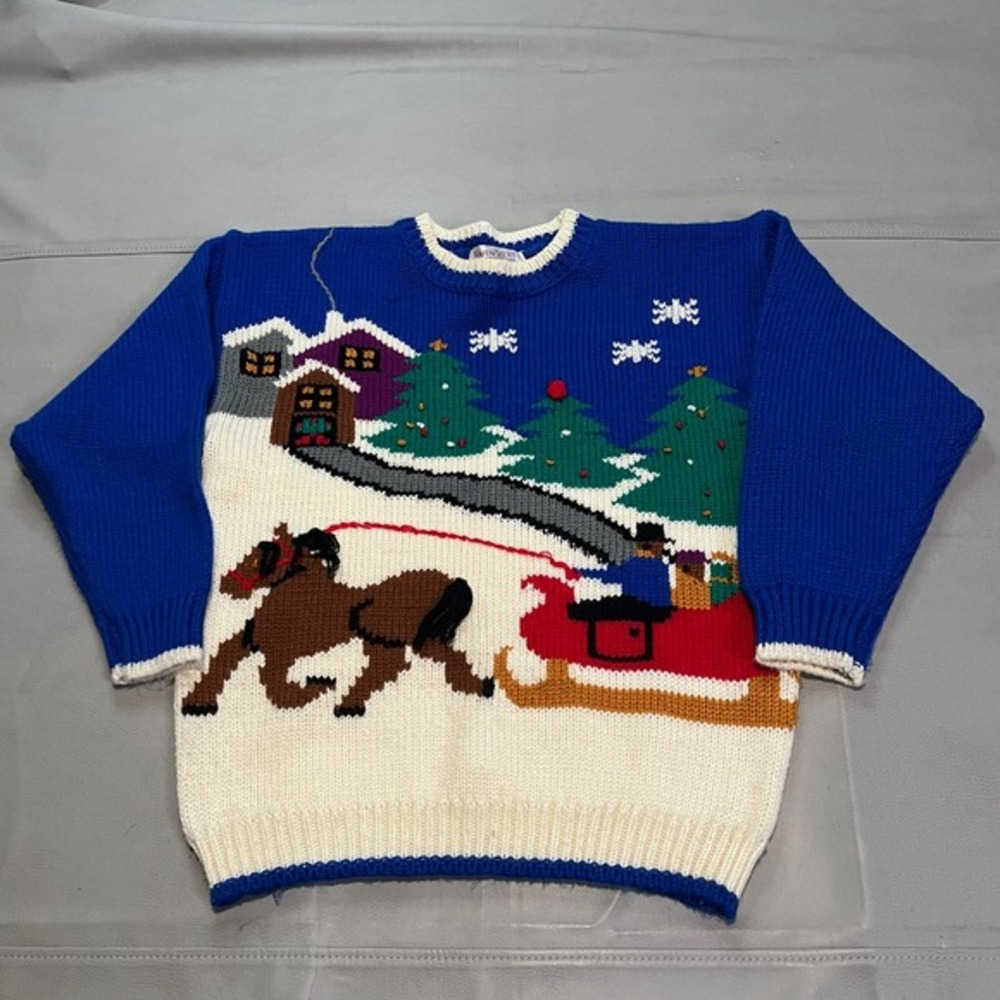 VTG 90s Y2K Women Blue Ugly Xmas Christmas Knit Sweater M Office party Snow-4348 - Picture 1 of 11